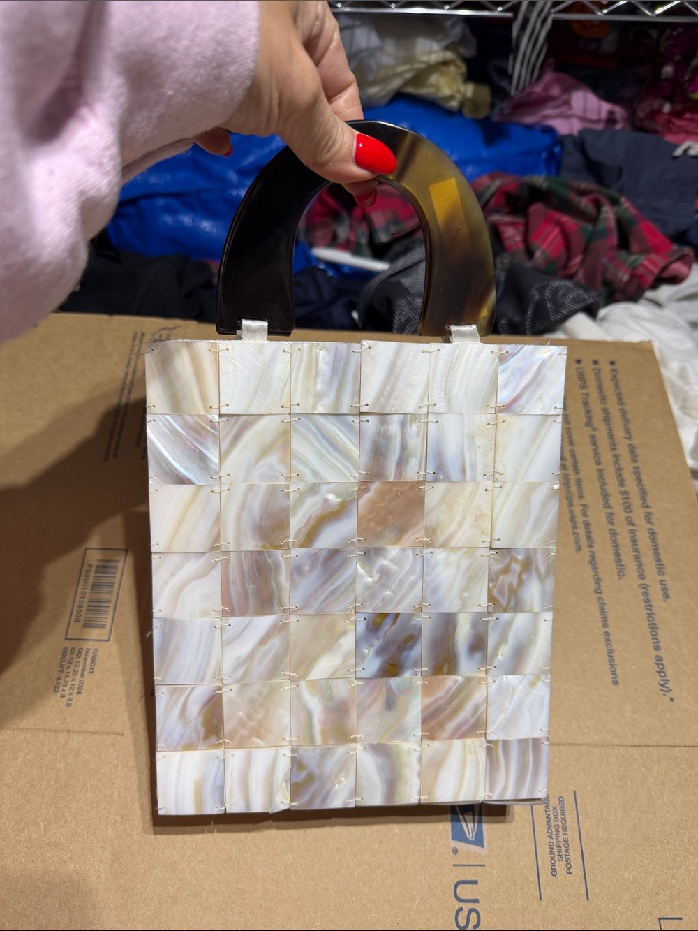 Pearlescent Tile-Effect Mini Top-Handle Bag in Cream